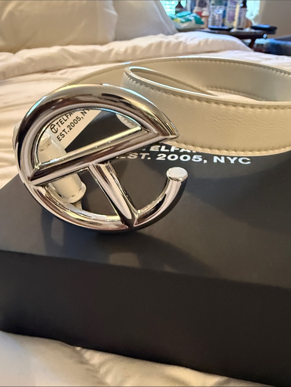 Telfar Cream Leather Belt with Silver Logo Buckle